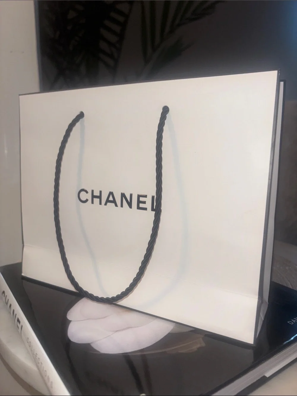 CHANEL White and Black Logo Forever Classic Shopping Bag with Rope Handles